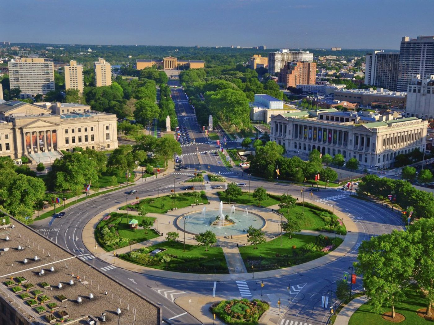 Aerial view of the Benjamin Franklin Parkway in Philadelphia