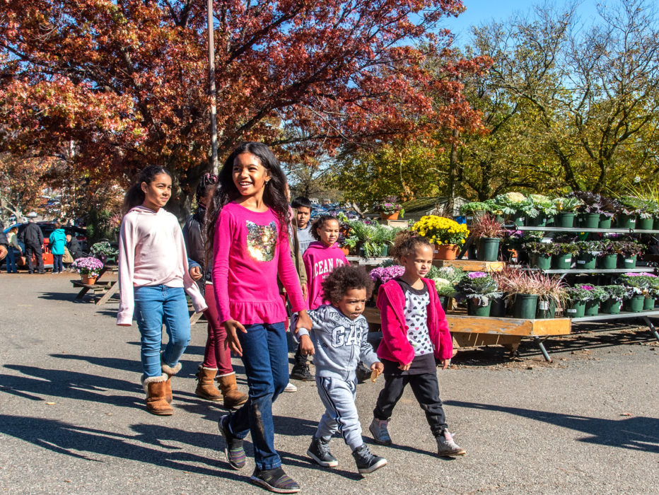 Een groep kinderen komt Linvilla Orchards binnen.