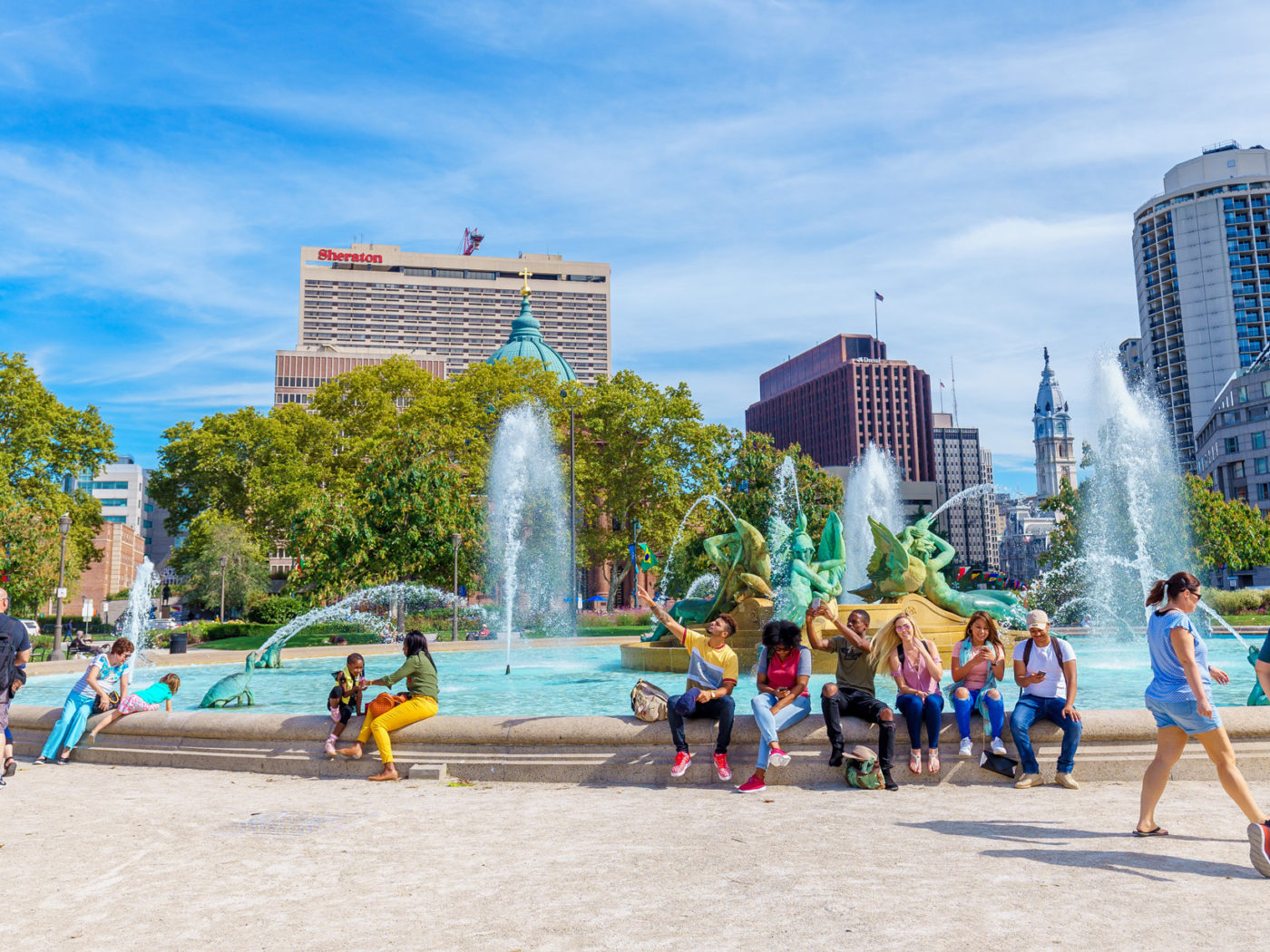 People around the fountain in Logan Square
