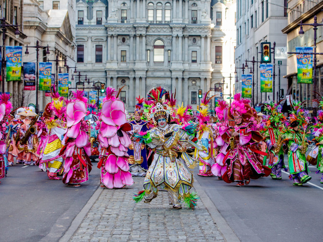 Costumed mummers marching in the Mummers Parade