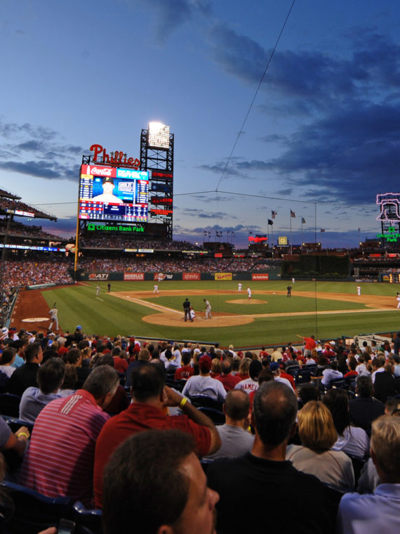 A Phillies game at Citizens Bank Park at dusk
