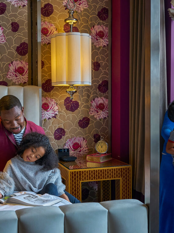 Family in a room at the Hotel Monaco in Philadelphia