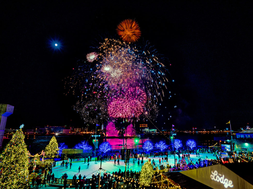 New Year's Eve fireworks seen from Blue Cross RiverRink