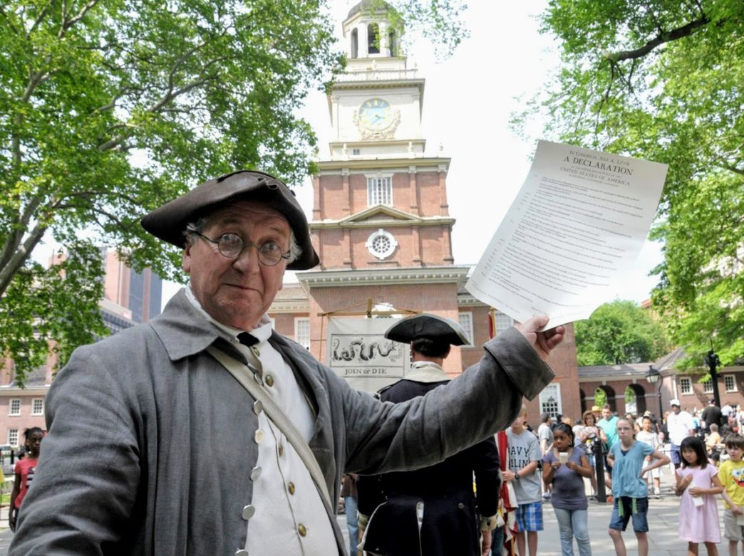 Reenactor reading the Declaration of Independence in Philadelphia