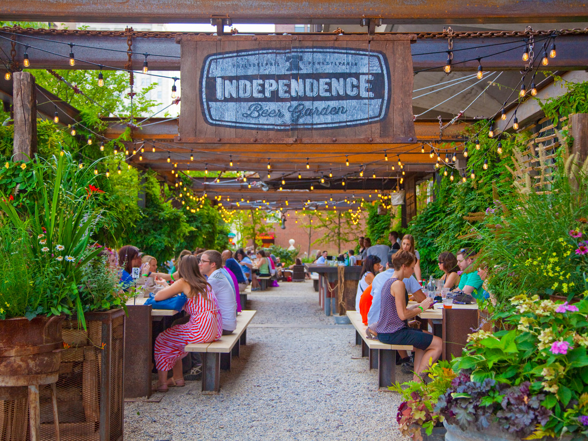 People hanging out at the Independence Beer Garden in Philadelphia