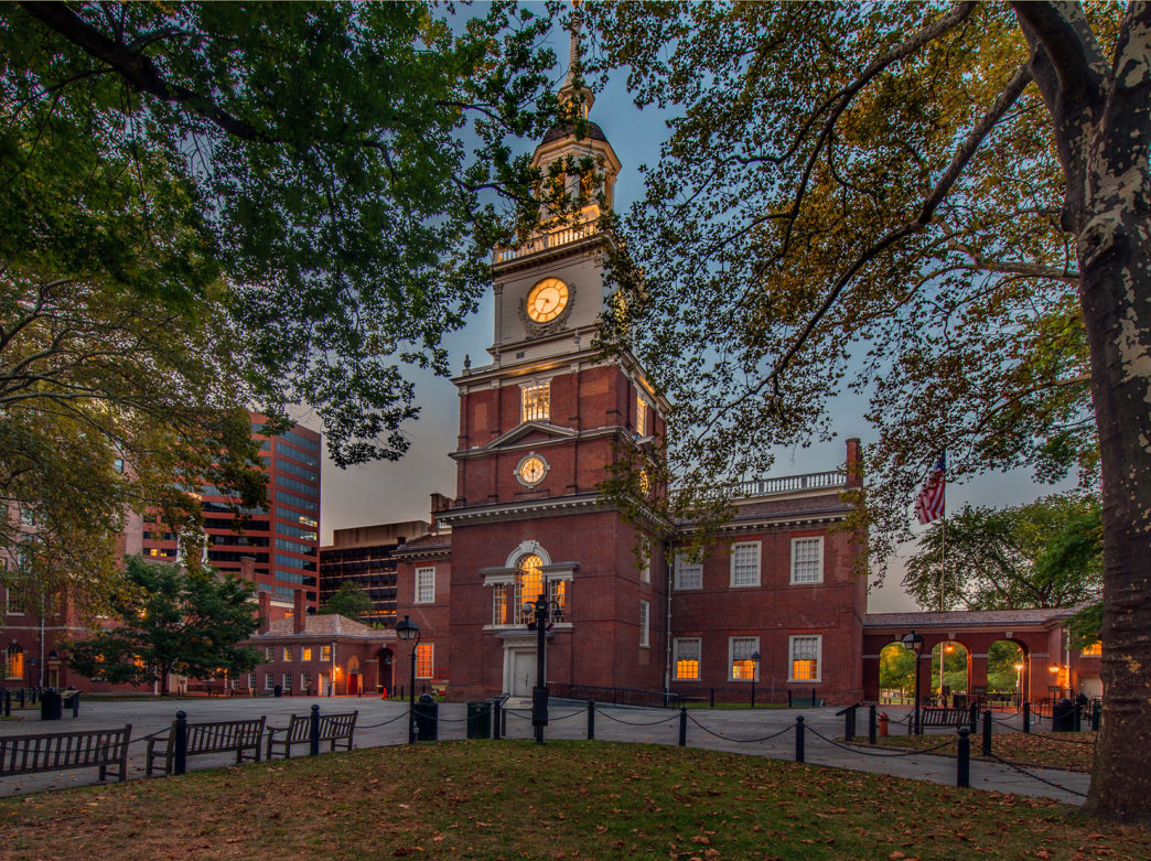 Independence Hall at dusk in Philadelphia