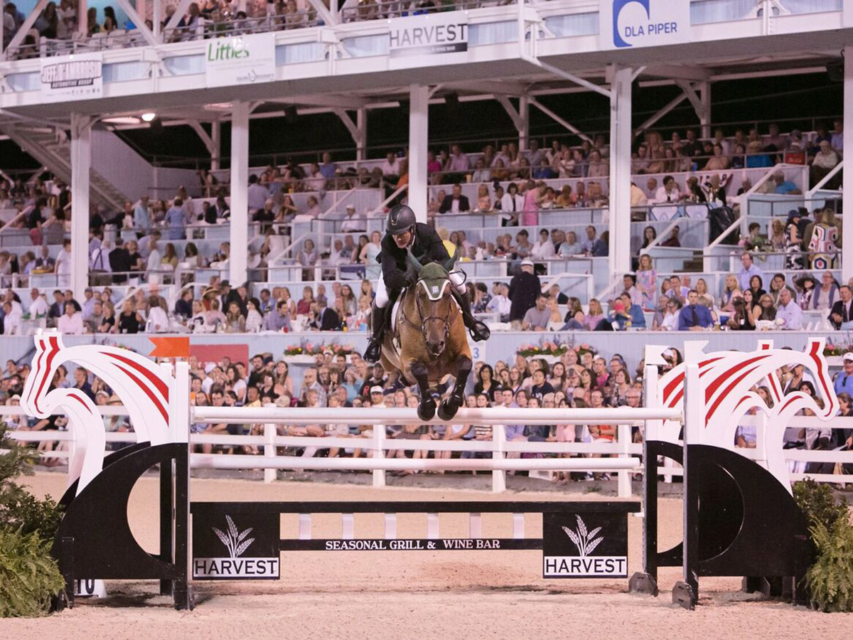 A horse and jockey jump over a hurdle as the crowd watches from the stands at the Devon Horse Show.