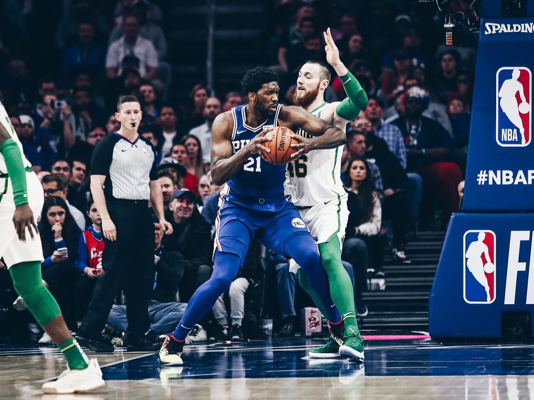 Joel Embiid with the ball during the Philadelphia 76ers game against the Boston Celtics