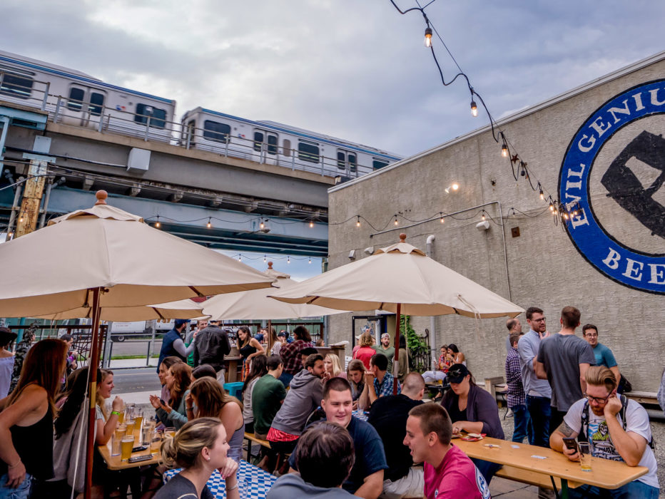 Outdoor beer garden at Evil Genius Beer Company
