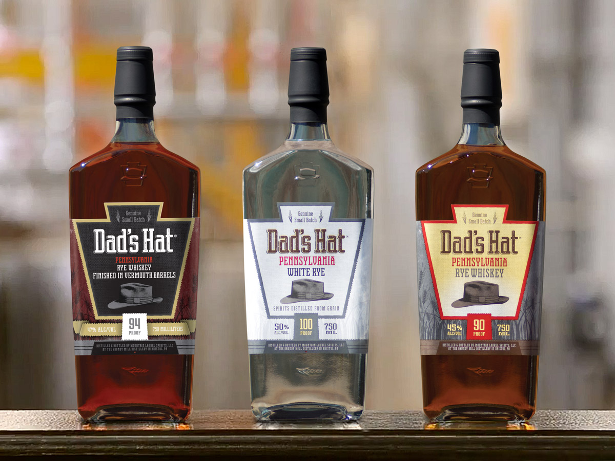 Three bottles of whiskey made by Dad's Hat in Bristol, Pennsylvania