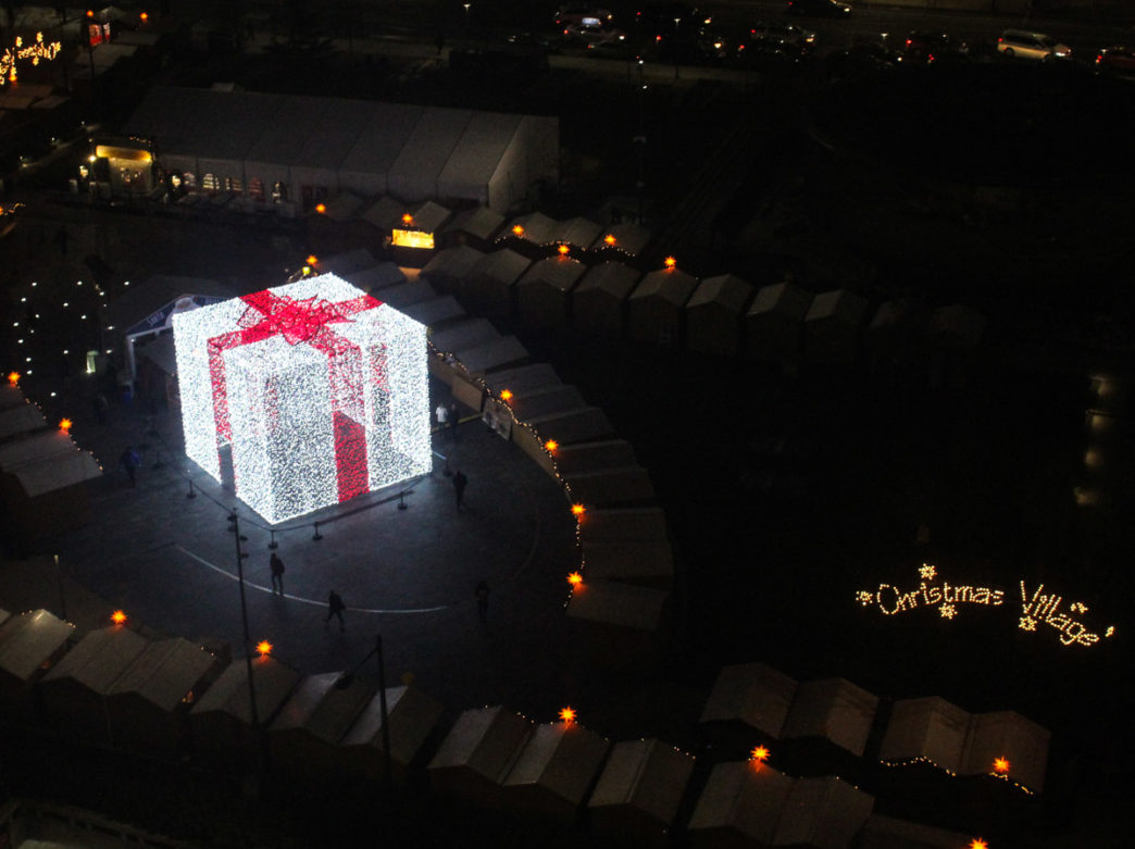 An aerial shot of Christmas Village in Philadelphia
