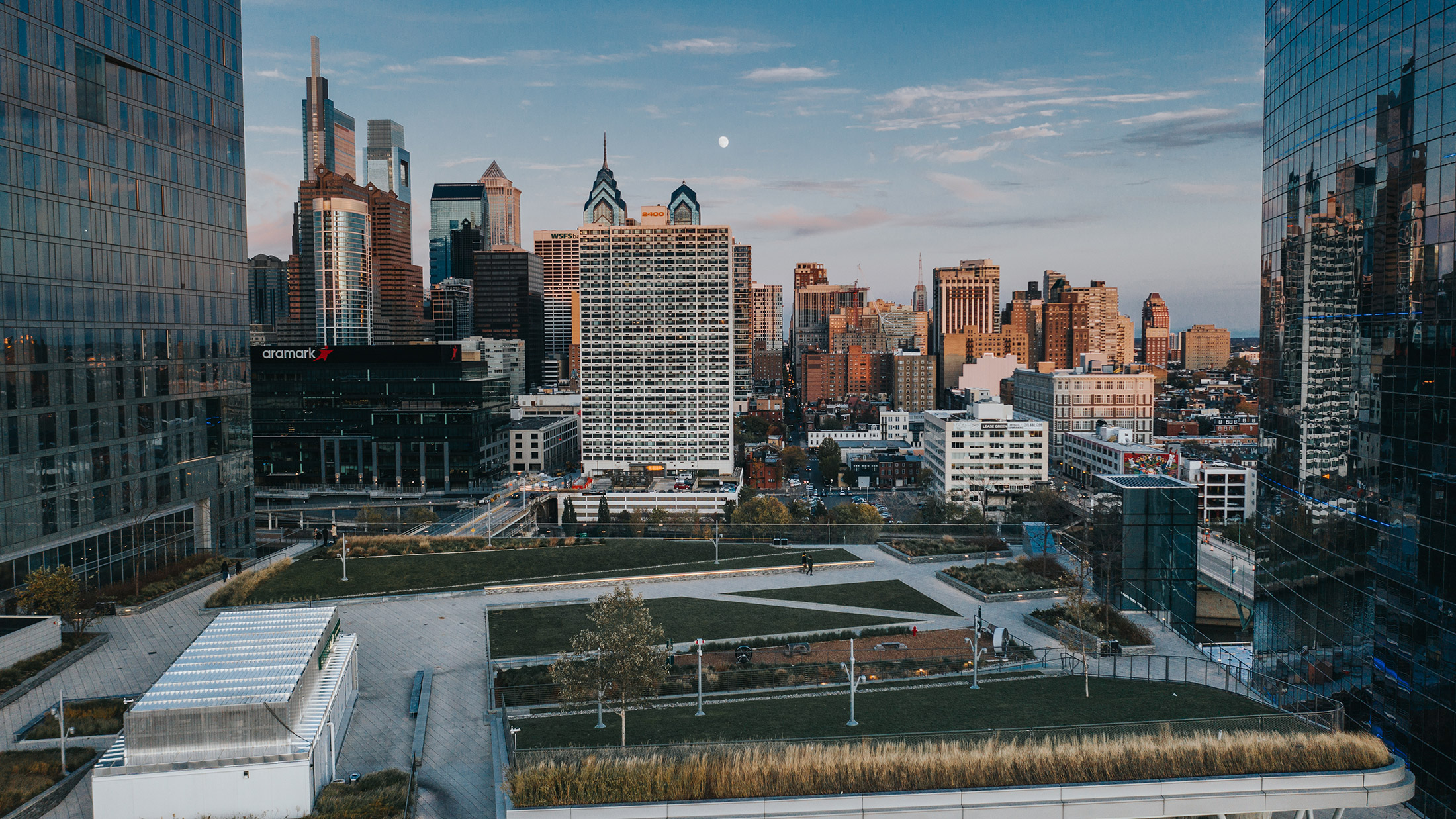 Skyline view of Philadelphia from Cira Green