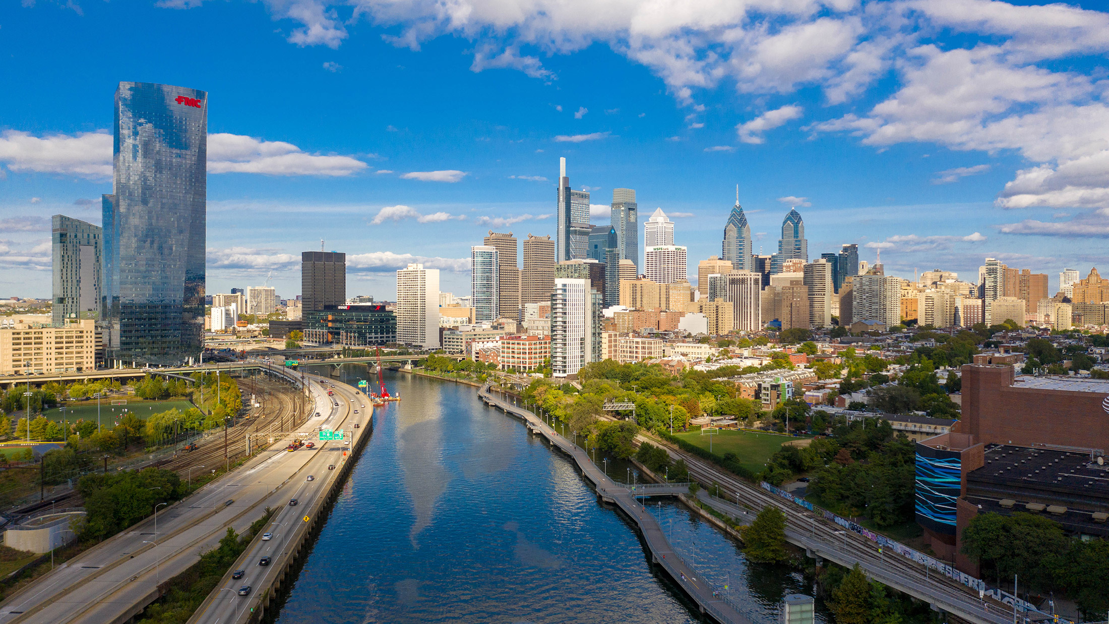 Skyline view of Philadelphia from the South Street Bridge