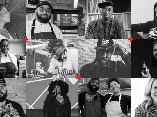 A black and white collage of guests on Visit Philadelphia's Love + grit podcast