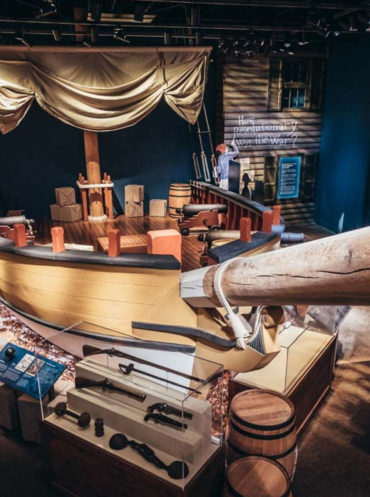 The lifesize privateer ship inside the Museum of the American Revolution in Philadelphia
