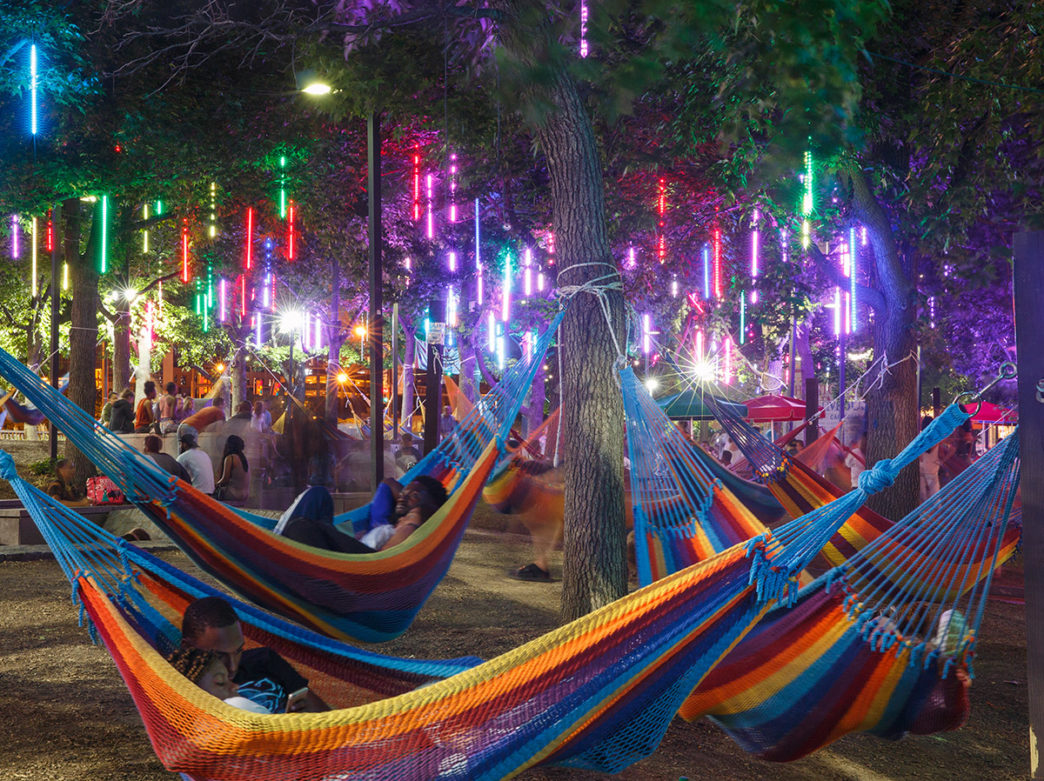 People in hammocks at Spruce Street Harbor Park