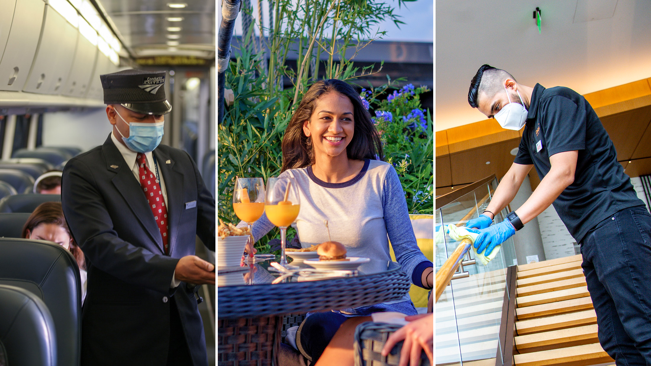 Composite image of an Amtrak conductor, a woman dining on the Moshulu in Philly and a man cleaning a banister in a hotel