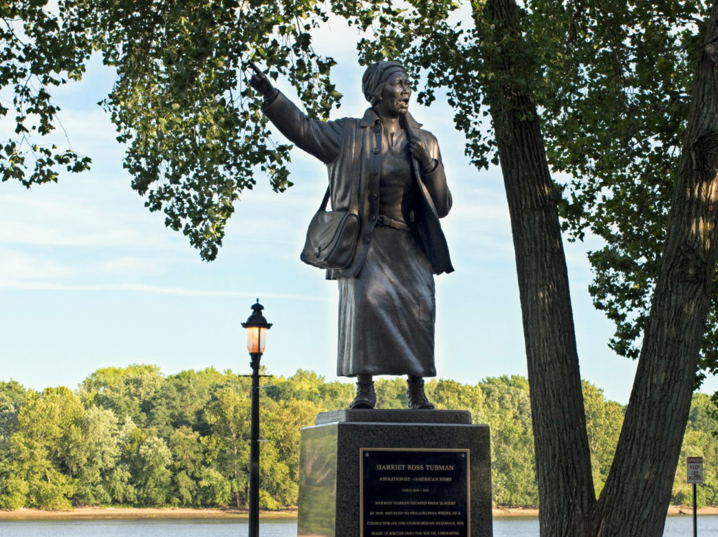 A statue of Harriet Tubman pointing at the north star in Bristol Pennsylvania