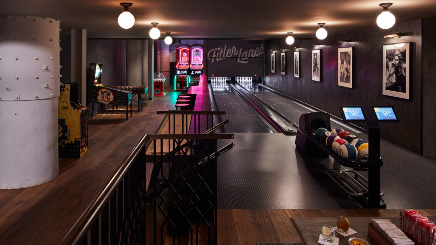 The bowling lane and game room at The Rooms at The Fitler Club in Philadelphia
