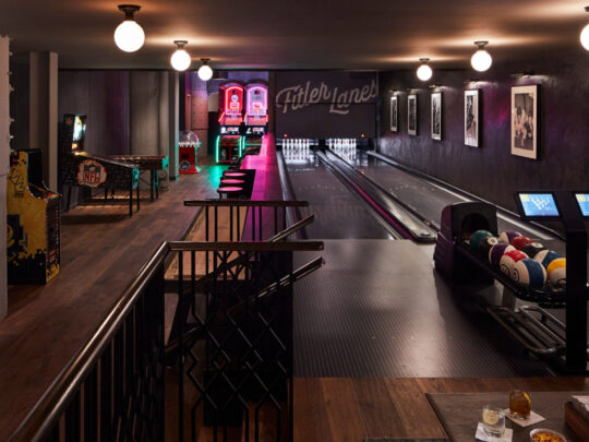 The bowling lane and game room at The Rooms at The Fitler Club in Philadelphia