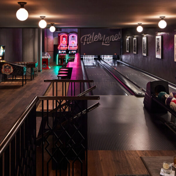 The bowling lane and game room at The Rooms at The Fitler Club in Philadelphia