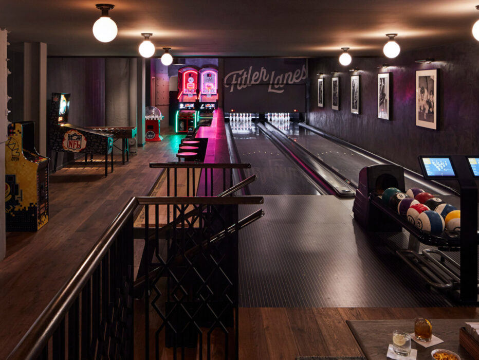 The bowling lane and game room at The Rooms at The Fitler Club in Philadelphia