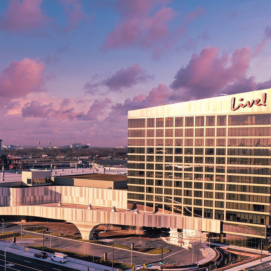 An aerial shot of the exterior of Live! Casino and Hotel in Philadelphia