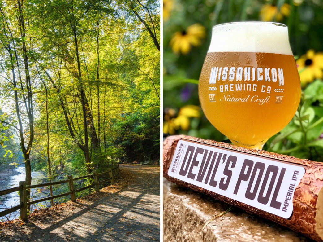 Split image of a trail in Wissahickon Valley Park and a beer at Wissahickon Brewing Company in Philadelphia