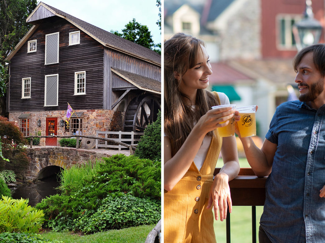 A split image of a building at Peddler's Village and people drinking beer from Free Will Brewing Company