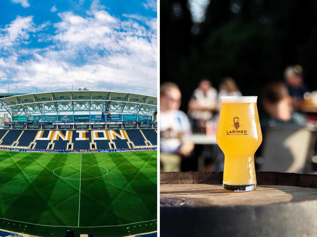 Split image of Subaru Park and a beer from The Larimer Beer Company