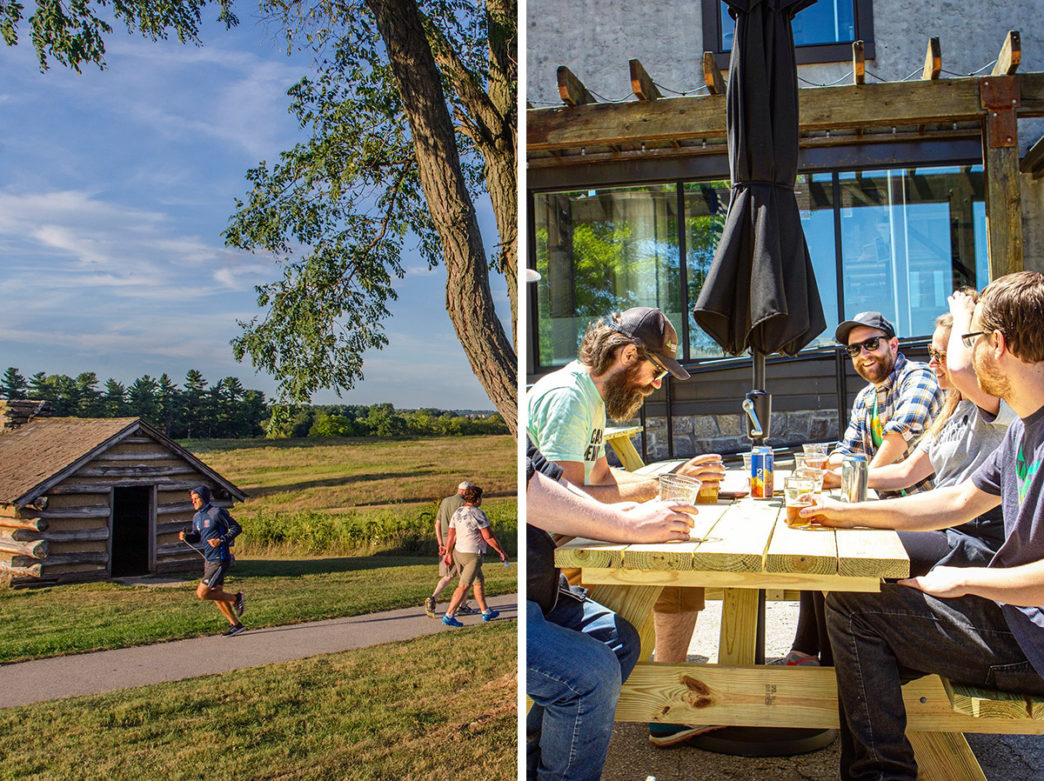 Split image of Valley Forge National Historical Park and people eating outside at La Cabra Brewing