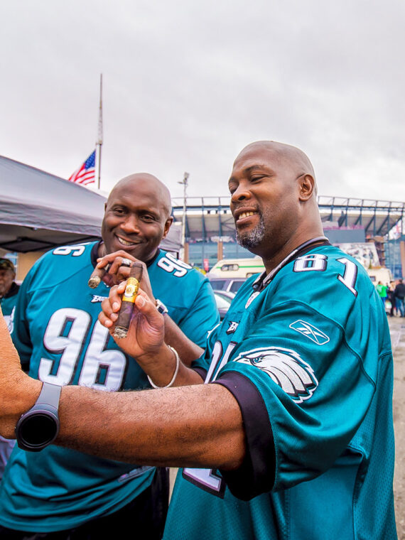 Two Philadelphia Eagles fans take a selfie while they tailgate outside of Lincoln Financial Field in South Philly