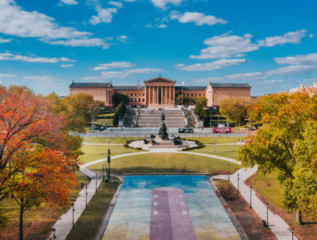 Aerial image of Eakins Oval in Philadelphia with the Philadelphia Museum of Art in the background
