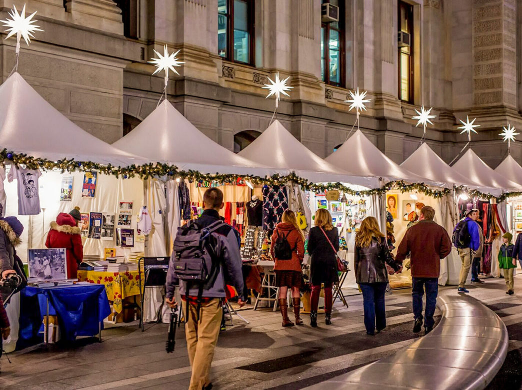 Shoppers at Made in Philadelphia Holiday Market outside City Hall