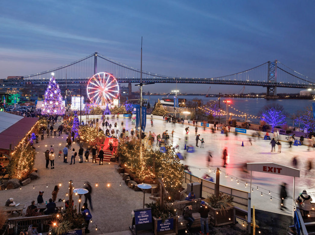 An aerial view of the ice skating rink at Blue Cross RiverRInk Winterfest in Philadelphia