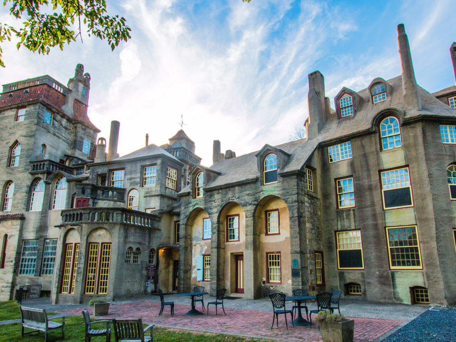 Exterior of Fonthill Castle under a blue sky