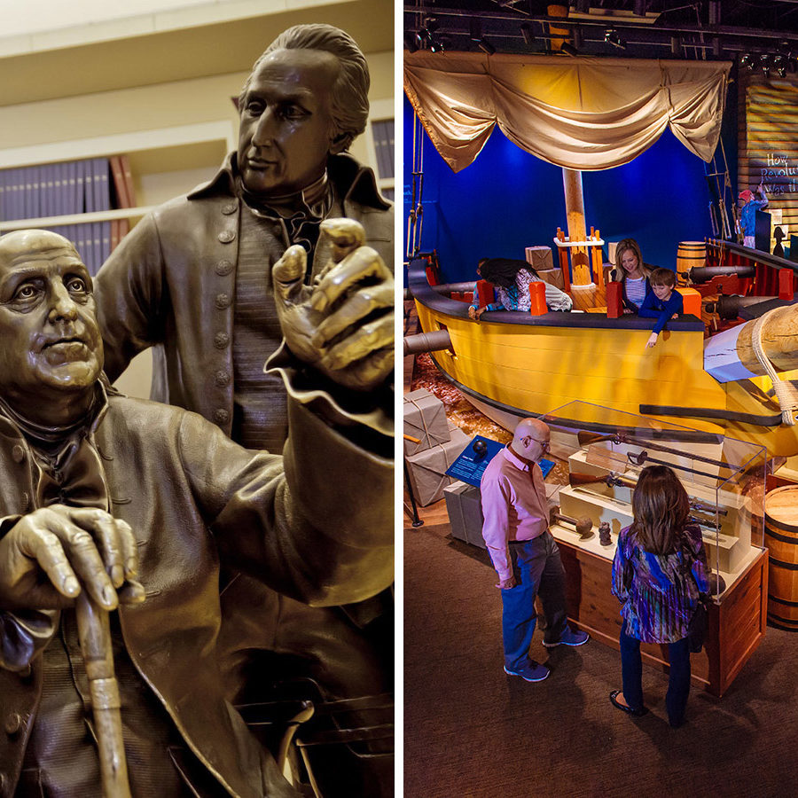 A split image, with one shot showing a statue of Benjamin Franklin and the other a wide angle showing a model of a privateer ship at the Museum of the American Revolution