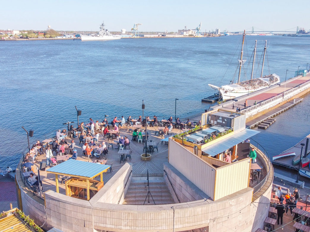 An aerial shot of the rooftop bar at Liberty Point along Penn's Landing