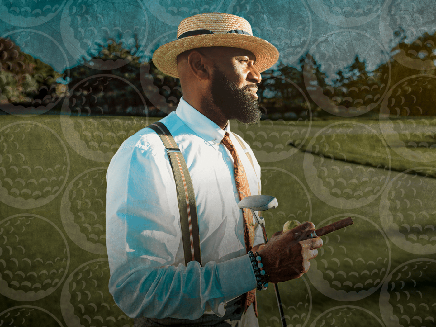 A person wearing a hat holds a golf club and a cigar