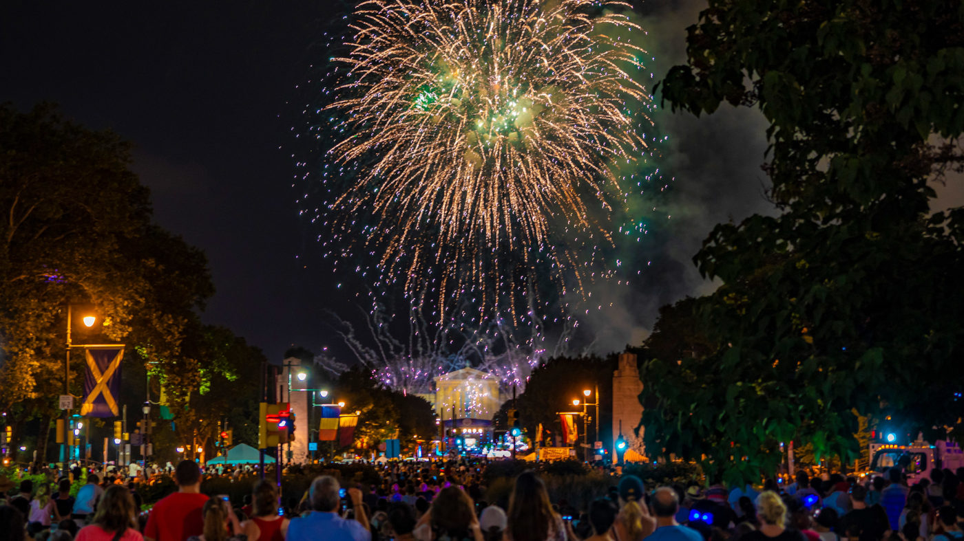July 4th fireworks in the sky over the Philadelphia Museum of Art