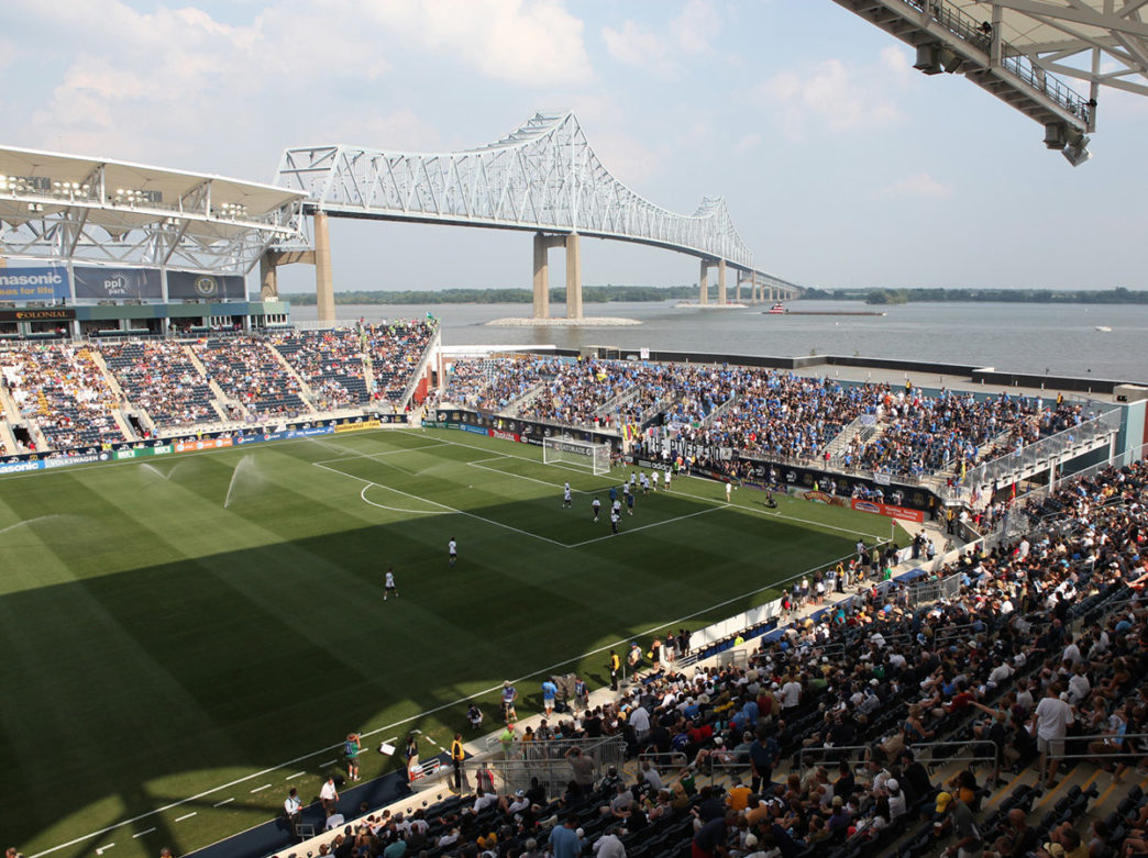 An overhead shot of Subaru Park, home of the Philadelphia Union soccer team, with the Delaware River in the background