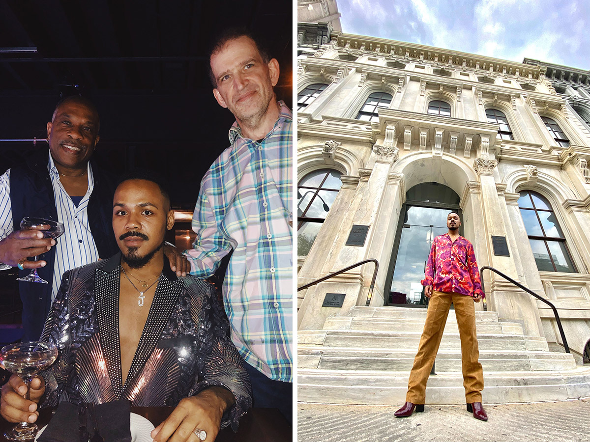 A composite image: on the left, a person seated holds a drink while two people standing pose for a shot; on the right, a person stands in front of an old building during the daytime