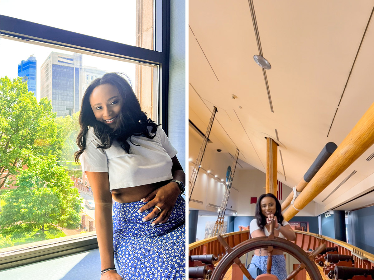 A composite image: on the left, a person poses for a pciture in front of a window looking off on to a park; on the right, a person stands on a fake ship