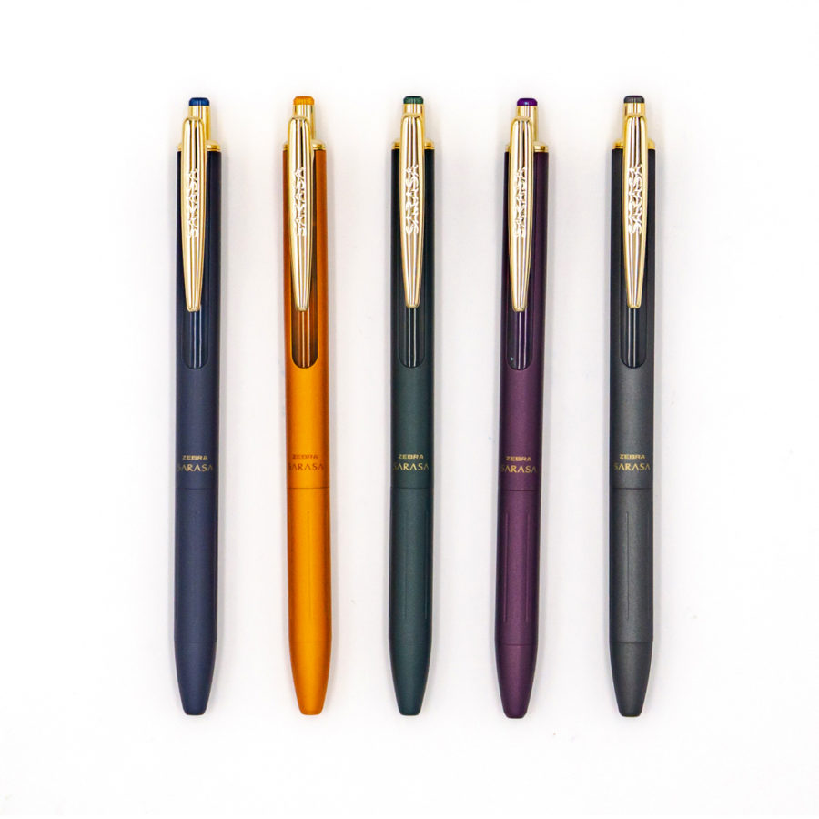 Five pens of various colors. They all say Sarasa.