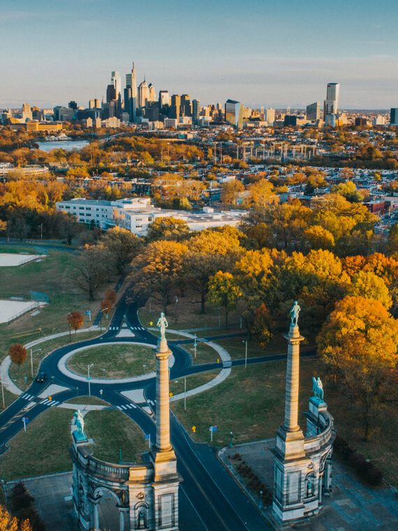 An aerial photo of Fairmount Park and the Philadelphia skyline