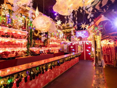 Tinsel pop-up bar decked out for Christmas with decorations and lights