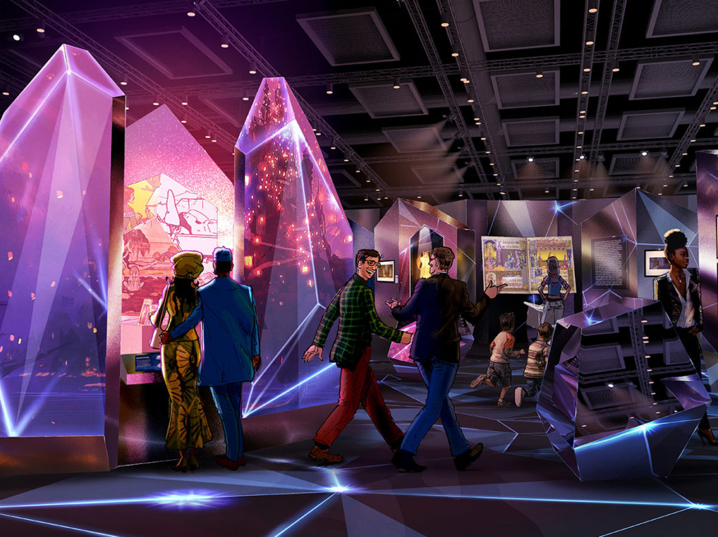 A rendering of people exploring an exhibit at Disney100: The Exhibition at The Franklin Institute in Philadelphia
