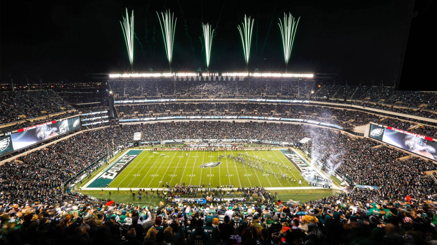 Green fireworks explode above Lincoln Financial Field