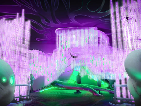 A rendering of a spectacular new exhibit at Otherworld Philadelphia. Hanging lights grace a green hill.
