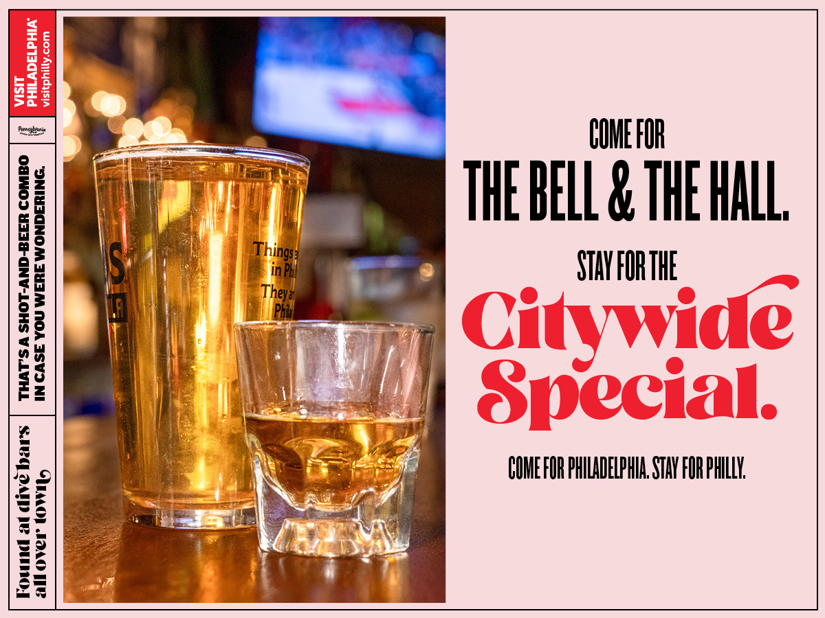 An ad showing a picture of a beer and shot that says Come for the Bell and the Hall. Stay for the Citywide Special.